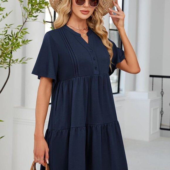 Womens Summer Dress Short Sleeve V Neck A Line Mini Pockets Casual Beach - Picture 6 of 6